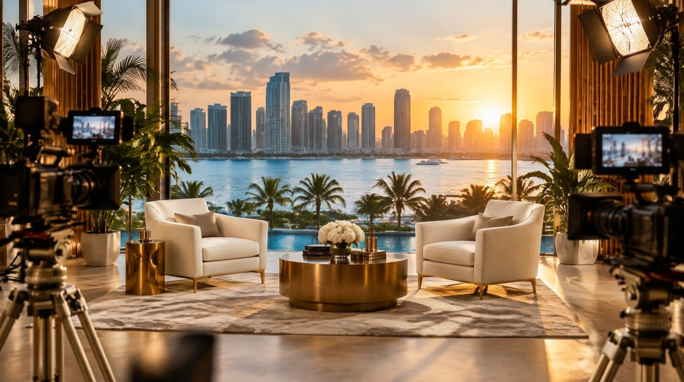 Cinematic television studio overlooking Miami at sunset